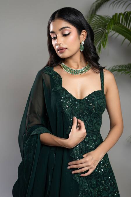 Buy_Shahmeen Husain_Green Georgette Embroidery, Sequins Chikankari Corset Anarkali With Dupatta _Online_at_Aza_Fashions