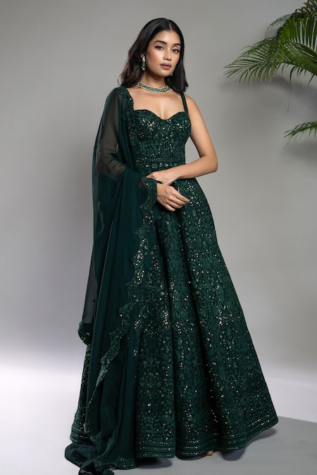 Shop_Shahmeen Husain_Green Georgette Embroidery, Sequins Chikankari Corset Anarkali With Dupatta _Online_at_Aza_Fashions