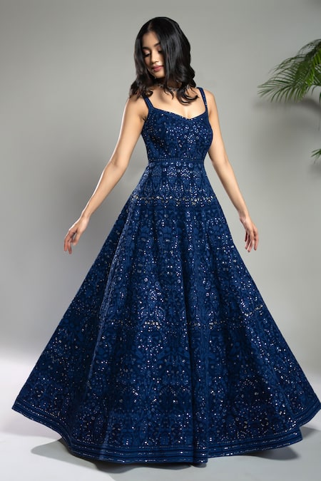 Shahmeen Husain Blue Georgette Sequins, Embroidery Scoop Neck Chikankari Anarkali Online at Aza Fashions Shahmeen Husain_Blue Georgette Sequins, Embroidery Scoop Neck Chikankari Anarkali _Online_at_Aza_Fashions