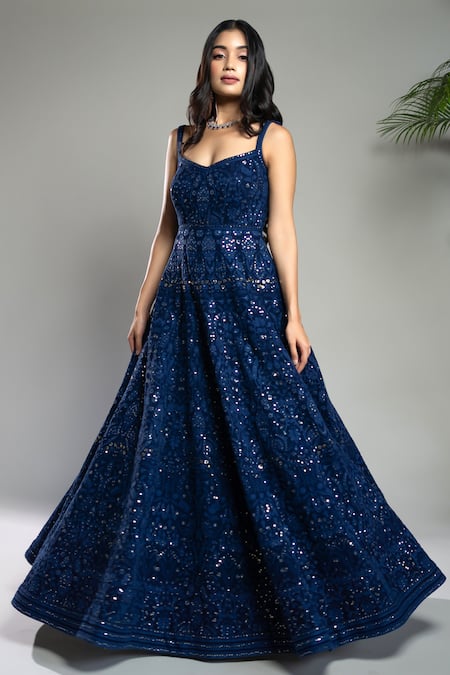 Buy Shahmeen Husain Blue Georgette Sequins, Embroidery Scoop Neck Chikankari Anarkali Online at Aza Fashions Buy_Shahmeen Husain_Blue Georgette Sequins, Embroidery Scoop Neck Chikankari Anarkali _Online_at_Aza_Fashions