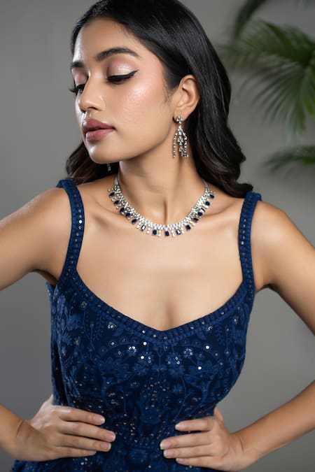 Shop Shahmeen Husain Blue Georgette Sequins, Embroidery Scoop Neck Chikankari Anarkali Online at Aza Fashions Shop_Shahmeen Husain_Blue Georgette Sequins, Embroidery Scoop Neck Chikankari Anarkali _Online_at_Aza_Fashions