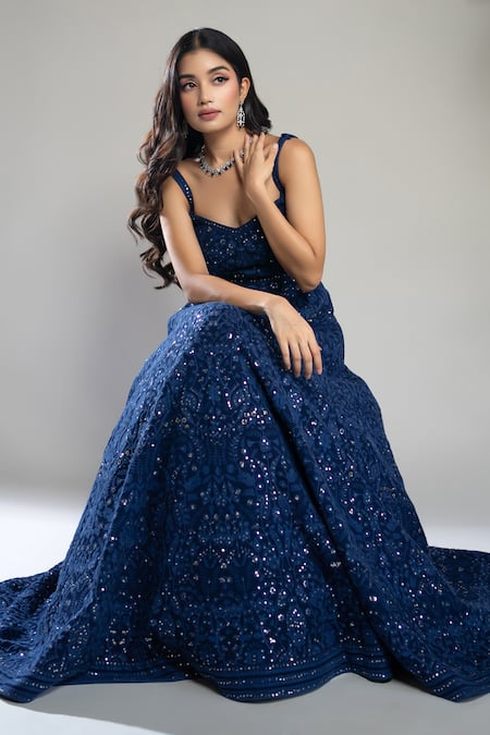 Shahmeen Husain Blue Georgette Sequins, Embroidery Scoop Neck Chikankari Anarkali at Aza Fashions Shahmeen Husain_Blue Georgette Sequins, Embroidery Scoop Neck Chikankari Anarkali _at_Aza_Fashions