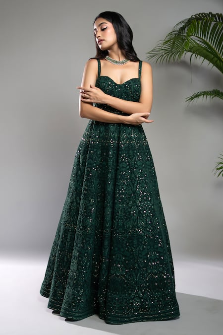 Shahmeen Husain_Green Georgette Embroidery, Sequins Sweetheart Neck Floral Chikankari Anarkali _Online_at_Aza_Fashions