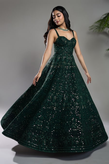 Buy_Shahmeen Husain_Green Georgette Embroidery, Sequins Sweetheart Neck Floral Chikankari Anarkali _Online_at_Aza_Fashions