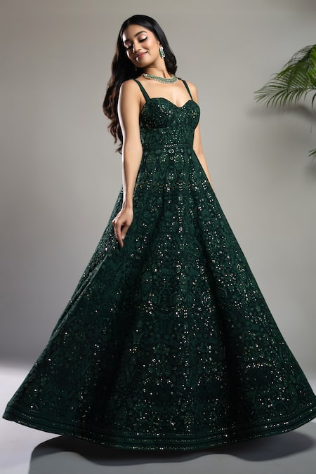 Shahmeen Husain_Green Georgette Embroidery, Sequins Sweetheart Neck Floral Chikankari Anarkali _at_Aza_Fashions