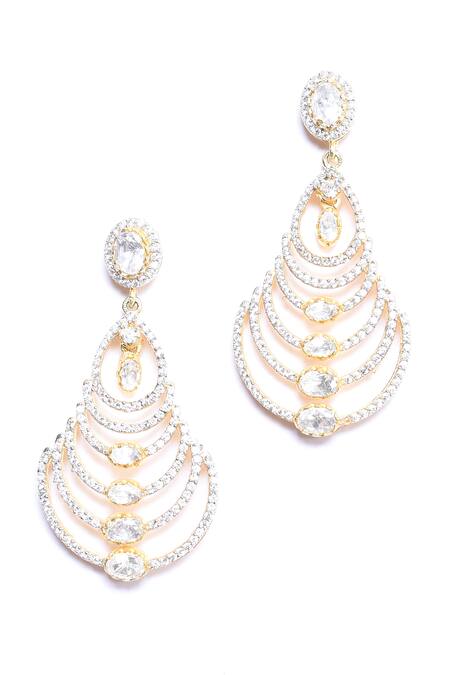 Buy_Ivorine_White Metallic Thread, Diamonds Embellished Tiered Drop Earrings _Online_at_Aza_Fashions