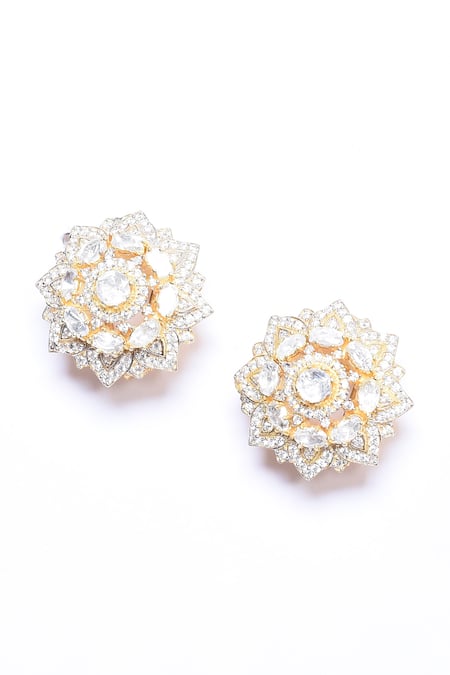 Buy_Ivorine_White Stones, Diamonds Embellished Floral Stud Earrings _Online_at_Aza_Fashions