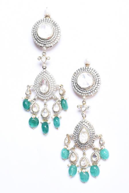 Buy_Ivorine_White Diamonds, Stones, Crystals Emerald Embellished Tassel Earrings _Online_at_Aza_Fashions