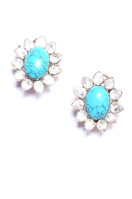 Shop_Ivorine_Blue Mirrors, Stones Turquoise Embellished Stud Earrings _Online_at_Aza_Fashions