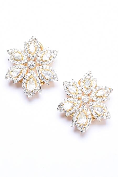 Buy_Ivorine_White Diamonds, Stones Embellished Flower Stud Earrings _Online_at_Aza_Fashions