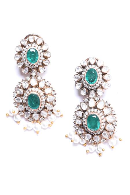 Buy_Ivorine_Green Embroidery, Diamonds Emerald Embellished Tiered Drop Earrings _Online_at_Aza_Fashions