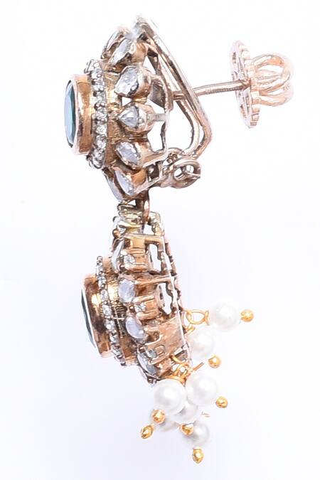 Shop_Ivorine_Green Embroidery, Diamonds Emerald Embellished Tiered Drop Earrings _Online_at_Aza_Fashions