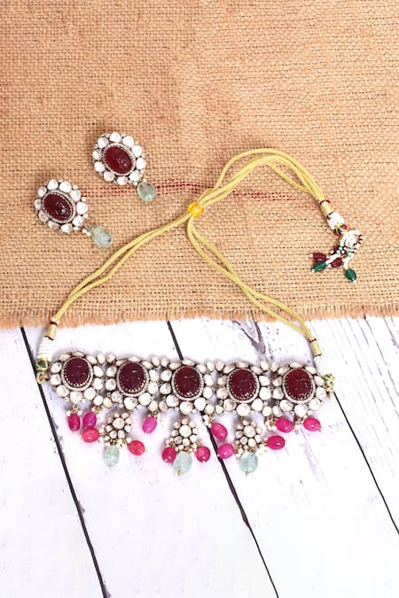 Ivorine Ruby Embellished Choker Set 