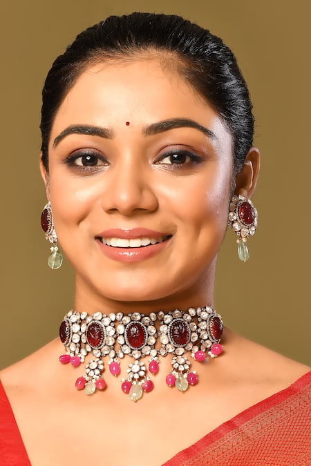 Ivorine_Red Stones Ruby Embellished Choker Set _Online_at_Aza_Fashions