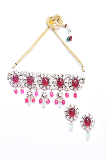 Shop_Ivorine_Red Stones Ruby Embellished Choker Set _Online_at_Aza_Fashions