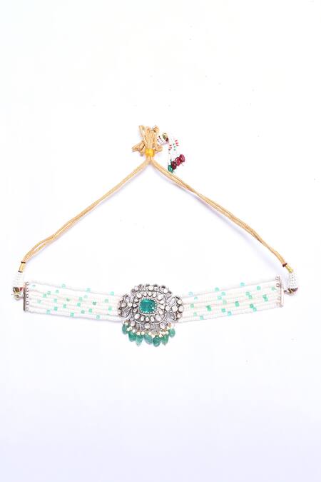 Buy_Ivorine_Green Diamonds, Stones Emerald Embellished Choker Set _Online_at_Aza_Fashions