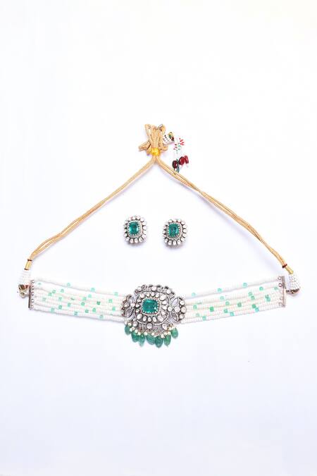 Shop_Ivorine_Green Diamonds, Stones Emerald Embellished Choker Set _Online_at_Aza_Fashions