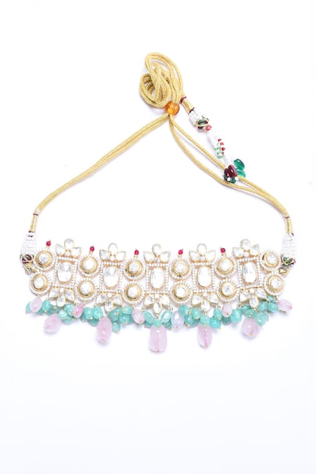 Buy_Ivorine_White Stones, Diamonds Geometric Embellished Choker Set _Online_at_Aza_Fashions