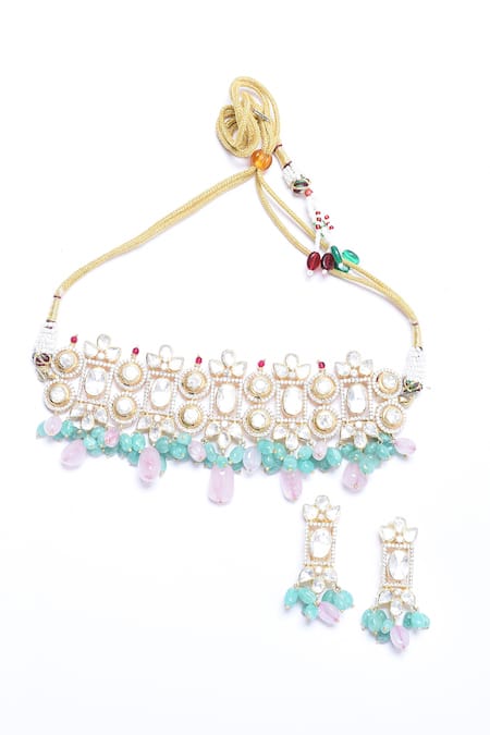 Shop_Ivorine_White Stones, Diamonds Geometric Embellished Choker Set _Online_at_Aza_Fashions