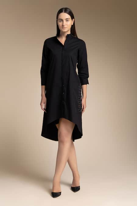 House of Manaa Black 100% Cotton Embroidered Mirror Stand Collar Pocket Shirt Dress 