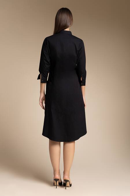 Shop House Of Manaa Black 100% Cotton Embroidered Mirror Stand Collar Pocket Shirt Dress at Aza Fashions Shop_House Of Manaa_Black 100% Cotton Embroidered Mirror Stand Collar Pocket Shirt Dress_at_Aza_Fashions