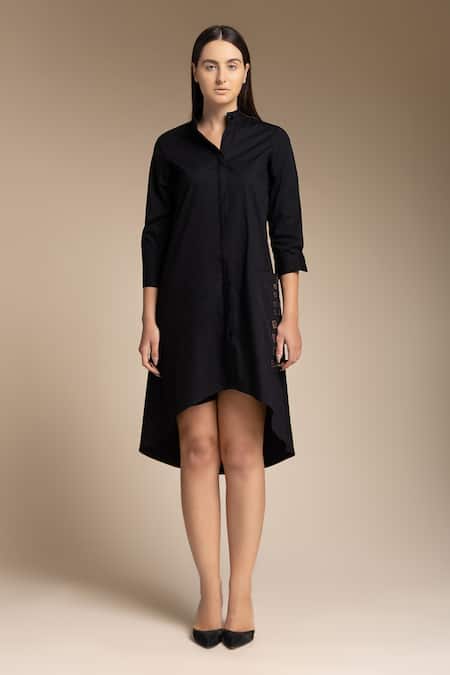 House Of Manaa Black 100% Cotton Embroidered Mirror Stand Collar Pocket Shirt Dress Online at Aza Fashions House Of Manaa_Black 100% Cotton Embroidered Mirror Stand Collar Pocket Shirt Dress_Online_at_Aza_Fashions