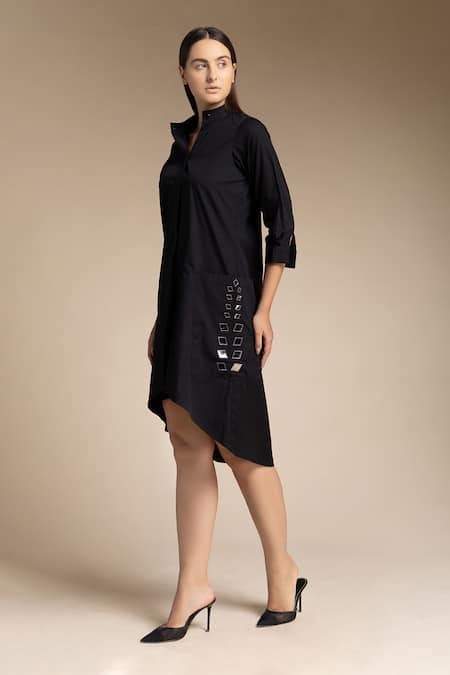 Buy House Of Manaa Black 100% Cotton Embroidered Mirror Stand Collar Pocket Shirt Dress Online at Aza Fashions Buy_House Of Manaa_Black 100% Cotton Embroidered Mirror Stand Collar Pocket Shirt Dress_Online_at_Aza_Fashions