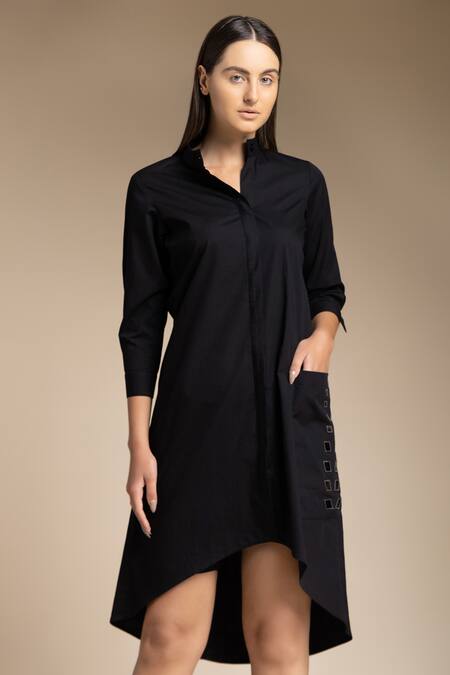 Shop House Of Manaa Black 100% Cotton Embroidered Mirror Stand Collar Pocket Shirt Dress Online at Aza Fashions Shop_House Of Manaa_Black 100% Cotton Embroidered Mirror Stand Collar Pocket Shirt Dress_Online_at_Aza_Fashions