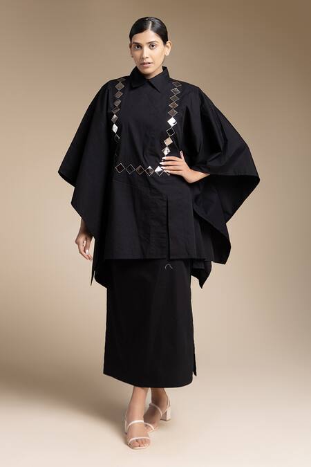 House of Manaa Black 100% Cotton Embroidered Mirror Collar Yoke Kaftan And Skirt Set 