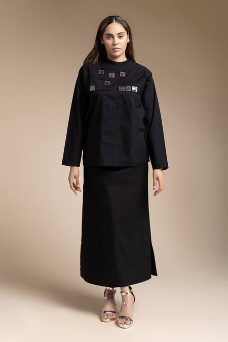 House Of Manaa Black Cotton Applique Round Neck Embroidered Top And Skirt Set Online at Aza Fashions House Of Manaa_Black Cotton Applique Round Neck Embroidered Top And Skirt Set_Online_at_Aza_Fashions