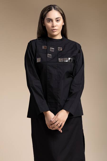 Shop House Of Manaa Black Cotton Applique Round Neck Embroidered Top And Skirt Set Online at Aza Fashions Shop_House Of Manaa_Black Cotton Applique Round Neck Embroidered Top And Skirt Set_Online_at_Aza_Fashions