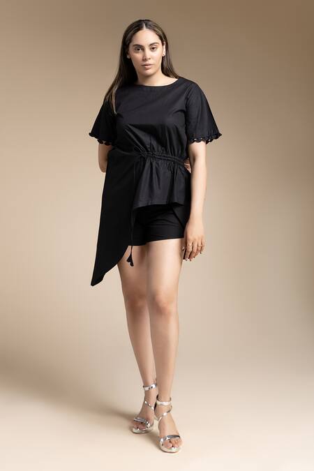 House Of Manaa_Black Cotton Round Neck Asymmetric Wrap Top And Skort Set _Online_at_Aza_Fashions