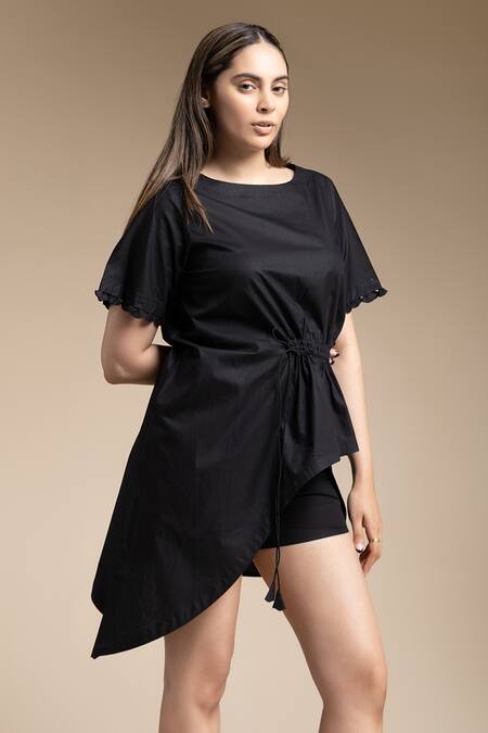 Shop_House Of Manaa_Black Cotton Round Neck Asymmetric Wrap Top And Skort Set _Online_at_Aza_Fashions