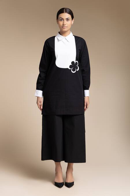 House Of Manaa Black Cotton Embroidery Collared Placement Tunic And Palazzo Set Online at Aza Fashions House Of Manaa_Black Cotton Embroidery Collared Placement Tunic And Palazzo Set_Online_at_Aza_Fashions