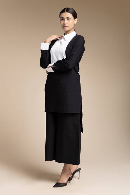 Buy House Of Manaa Black Cotton Embroidery Collared Placement Tunic And Palazzo Set Online at Aza Fashions Buy_House Of Manaa_Black Cotton Embroidery Collared Placement Tunic And Palazzo Set_Online_at_Aza_Fashions