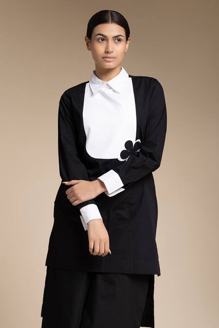 Shop House Of Manaa Black Cotton Embroidery Collared Placement Tunic And Palazzo Set Online at Aza Fashions Shop_House Of Manaa_Black Cotton Embroidery Collared Placement Tunic And Palazzo Set_Online_at_Aza_Fashions