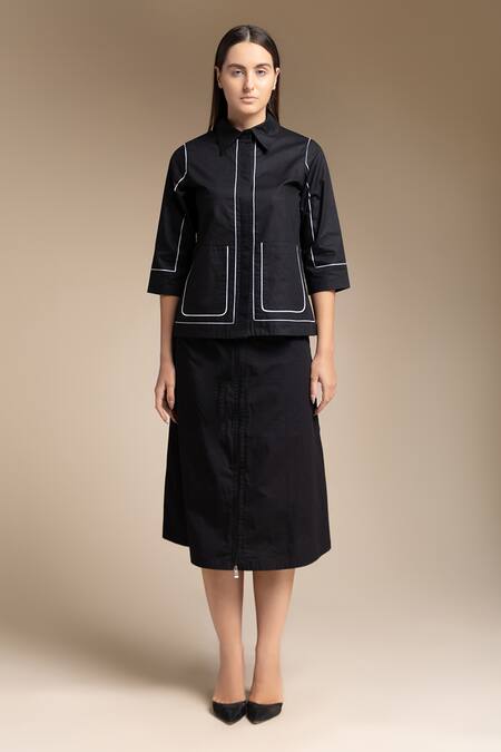 House Of Manaa Black Cotton Round Neck Contrast Striped Shirt And Skirt Set Online at Aza Fashions House Of Manaa_Black Cotton Round Neck Contrast Striped Shirt And Skirt Set_Online_at_Aza_Fashions