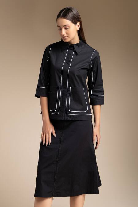 Buy House Of Manaa Black Cotton Round Neck Contrast Striped Shirt And Skirt Set Online at Aza Fashions Buy_House Of Manaa_Black Cotton Round Neck Contrast Striped Shirt And Skirt Set_Online_at_Aza_Fashions