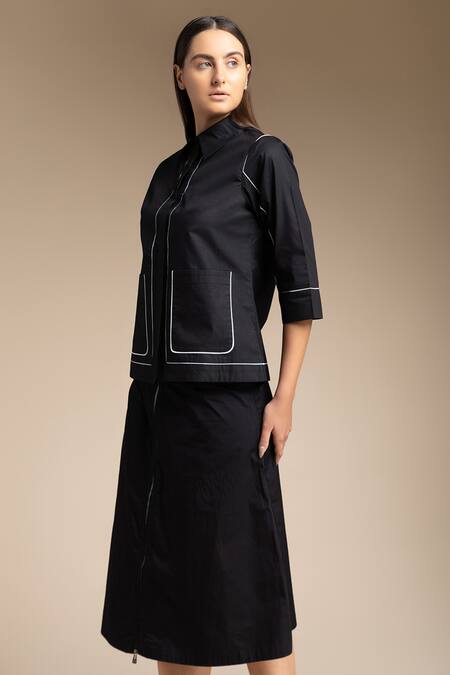 Shop House Of Manaa Black Cotton Round Neck Contrast Striped Shirt And Skirt Set Online at Aza Fashions Shop_House Of Manaa_Black Cotton Round Neck Contrast Striped Shirt And Skirt Set_Online_at_Aza_Fashions