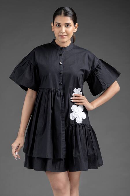 Shop_House Of Manaa_Black Cotton Embroidery Round Neck Floral Applique Dress_Online_at_Aza_Fashions