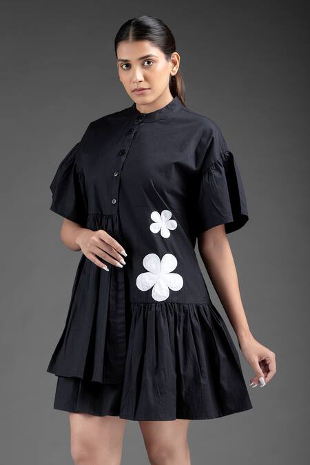 House Of Manaa_Black Cotton Embroidery Round Neck Floral Applique Dress_at_Aza_Fashions