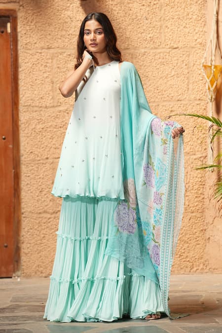 House Of TA-YA_Blue Georgette Sequins Round Neck Butti Embroidered Kurta Gharara Set _Online_at_Aza_Fashions