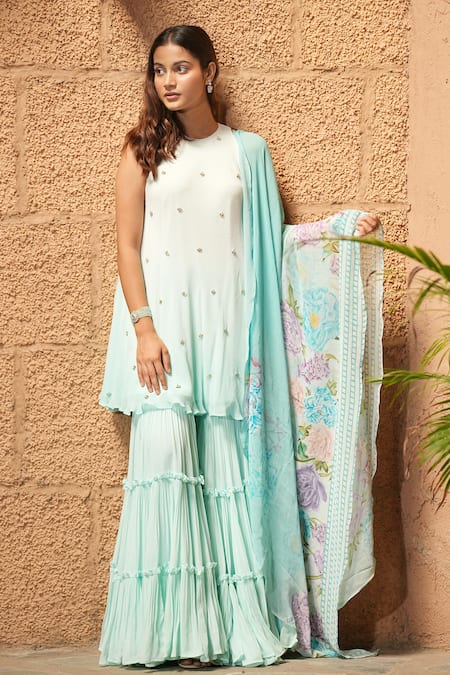 Buy_House Of TA-YA_Blue Georgette Sequins Round Neck Butti Embroidered Kurta Gharara Set _Online_at_Aza_Fashions