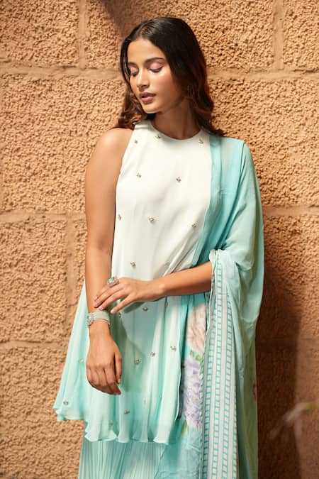 Shop_House Of TA-YA_Blue Georgette Sequins Round Neck Butti Embroidered Kurta Gharara Set _Online_at_Aza_Fashions