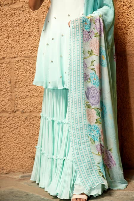 House Of TA-YA_Blue Georgette Sequins Round Neck Butti Embroidered Kurta Gharara Set _at_Aza_Fashions