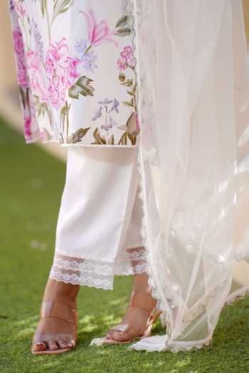 Buy_HOUSE OF TA-YA_Off White Satin, Net, Embroidery Blossom Print Kurta Pant Set 