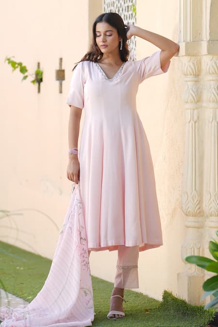 Shop_House Of TA-YA_Pink Cotton, Silk Cut Work V-neck Panelled Anarkali Set With Printed Dupatta _Online_at_Aza_Fashions