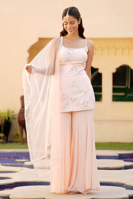 Buy_House Of TA-YA_Pink Cotton Satin, Georgette, Net Floral Print Short Kurta Sharara Set _Online_at_Aza_Fashions