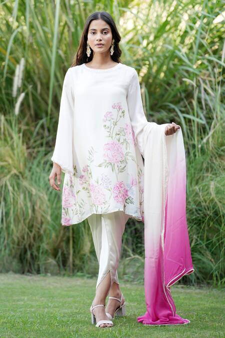 House Of TA-YA_Off White Modal, Satin Embroidery, Floral Blossom Print Kurta Dhoti Pant Set _Online_at_Aza_Fashions