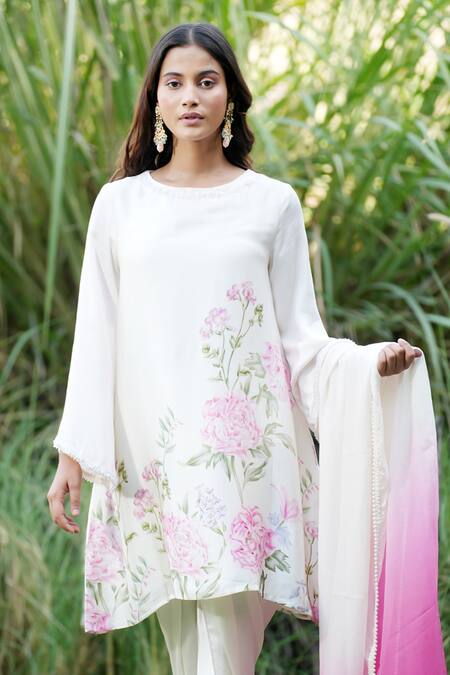 Buy House Of TA-YA Off White Modal, Satin Embroidery, Floral Blossom Print Kurta Dhoti Pant Set Online at Aza Fashions Buy_House Of TA-YA_Off White Modal, Satin Embroidery, Floral Blossom Print Kurta Dhoti Pant Set _Online_at_Aza_Fashions